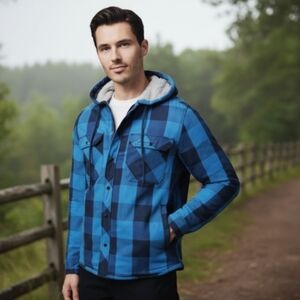 Adventuridge Men's Blue Plaid Flannel Sherpa-Lined Hooded Shirt Jacket, XL